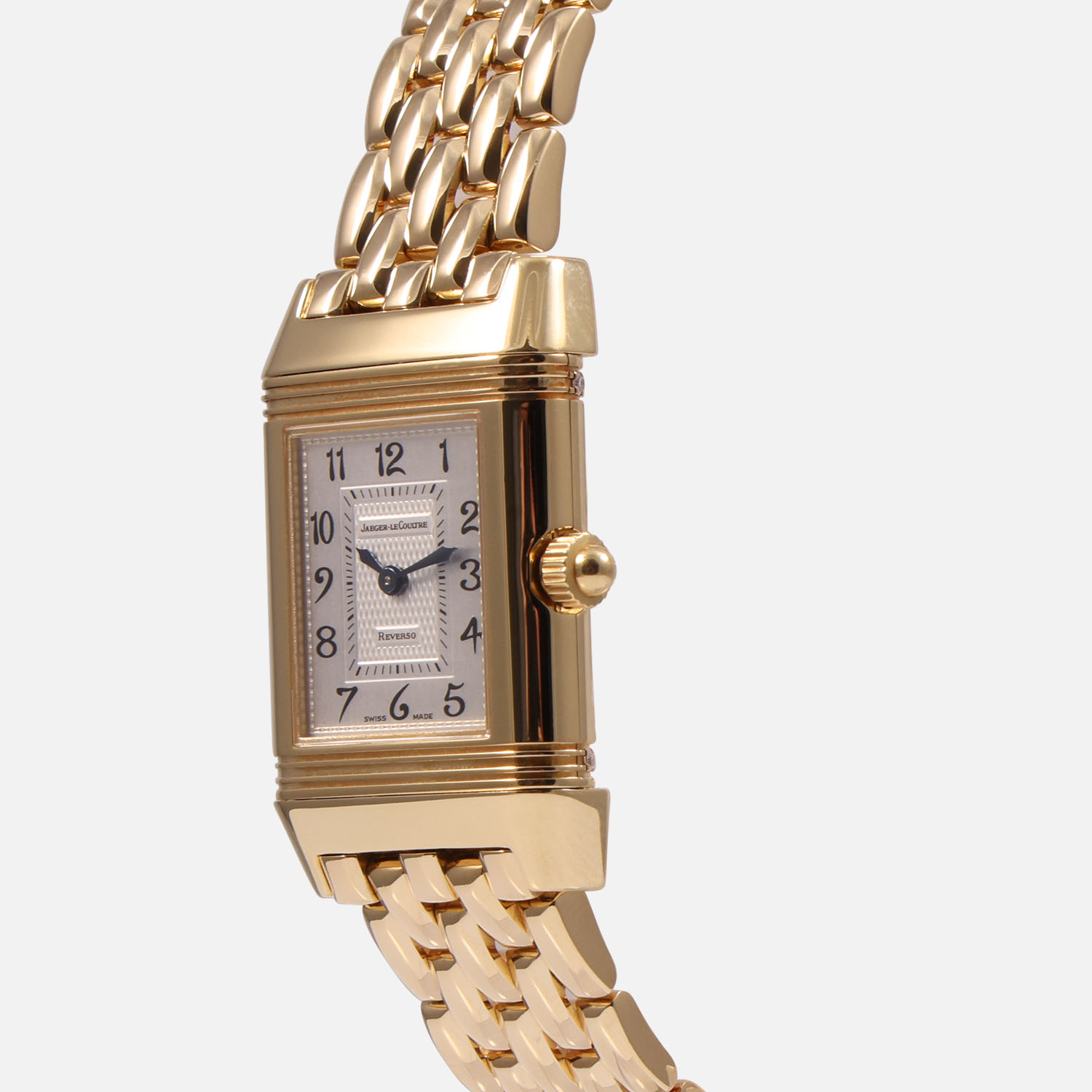 A pre-owned Jaeger-LeCoultre Reverso Duetto (Ref. 266.1.44) in 18k yellow gold featuring its iconic reversible case and a solid 18k yellow gold integrated link bracelet, crown side image
