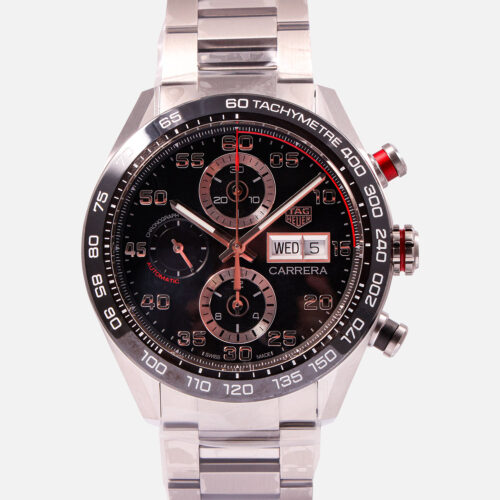 Front view of a pre-owned TAG Heuer Carrera Chronograph 44mm (Ref. CBN2A1AABA0643) in stainless steel featuring a black dial with triple chronograph registers, day-date window, and a steel bracelet.
