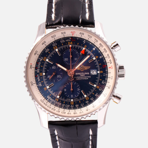 Front view of a pre-owned Breitling Navitimer World 46mm (Ref. A2432212/C651) in stainless steel featuring a sunray blue dial, circular slide rule, and a brown leather strap with white stitching.