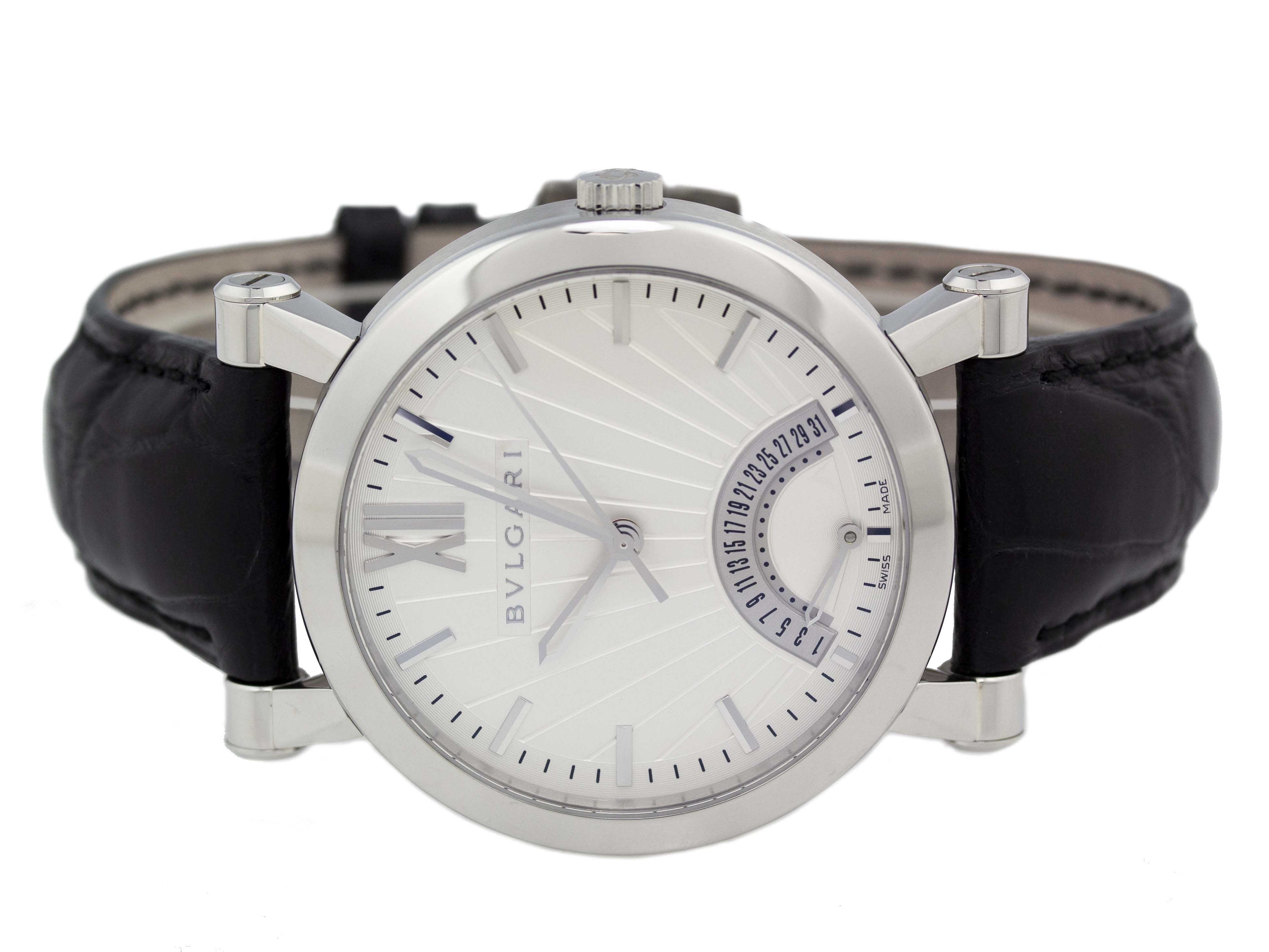 bvlgari sotirio black dial men's automatic watch with alligator leather band