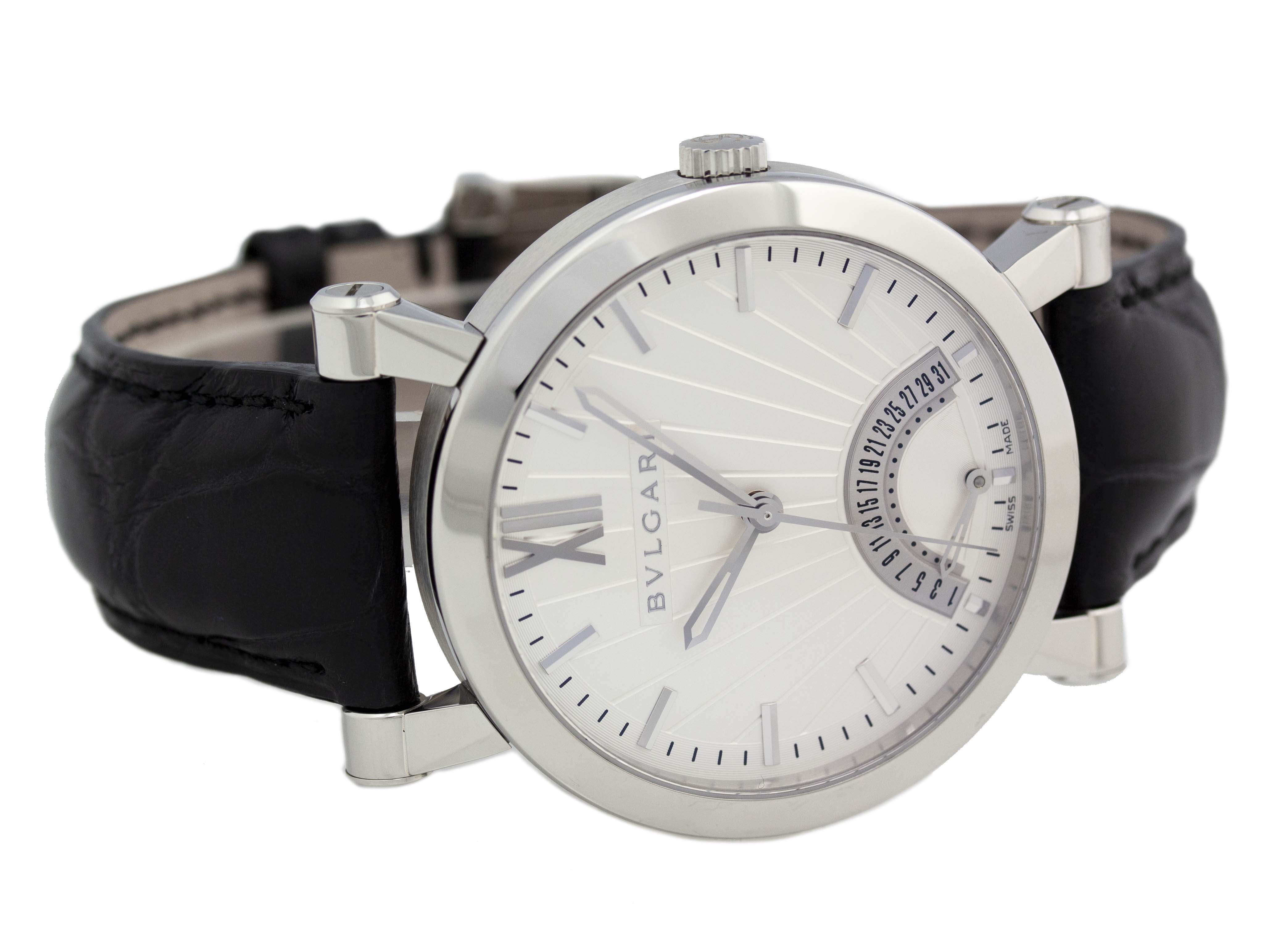 bvlgari sotirio black dial men's automatic watch with alligator leather band