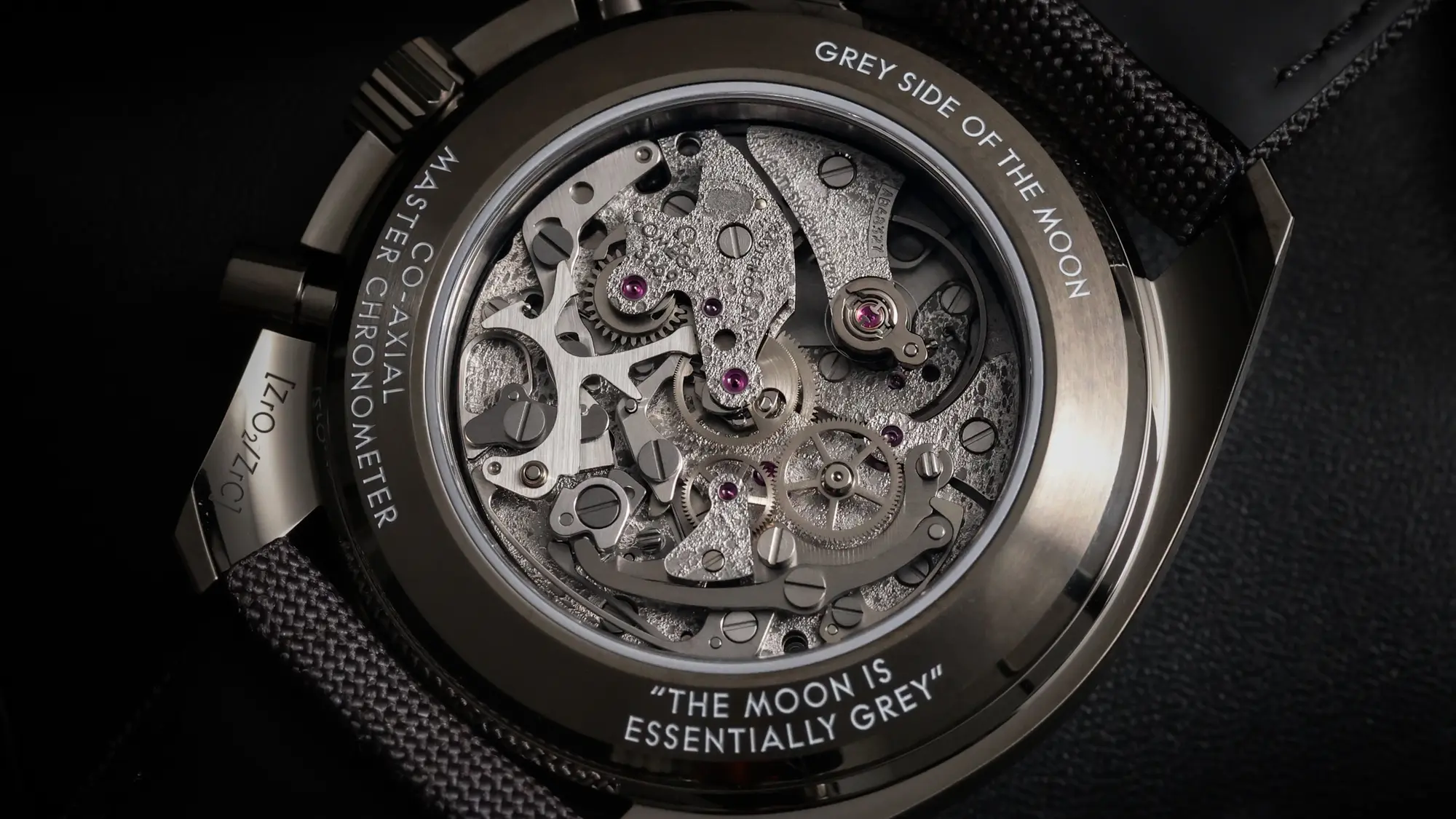 Omega Speedmaster Dark Side of the Moon sapphire caseback showing Caliber 3869 movement