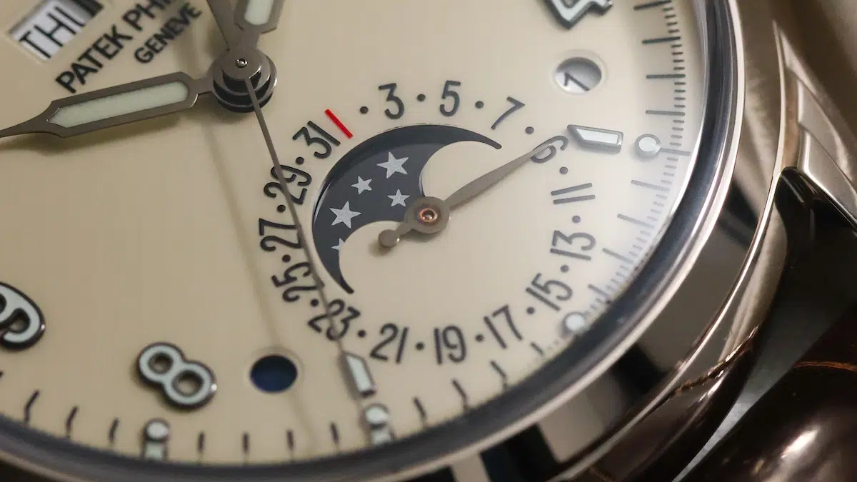 Close-up of the moonphase display and applied Arabic numerals on the Patek Philippe 5320G-001.