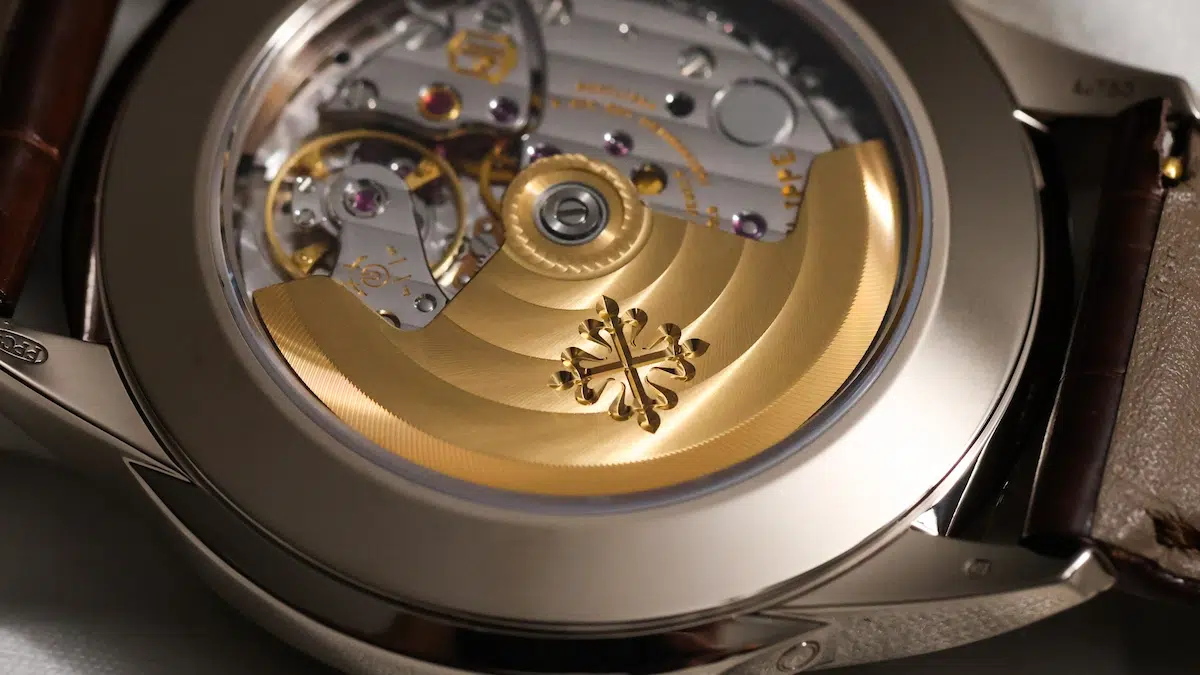 Close-up of the Patek Philippe Caliber 324 S Q rotor and movement finishing.