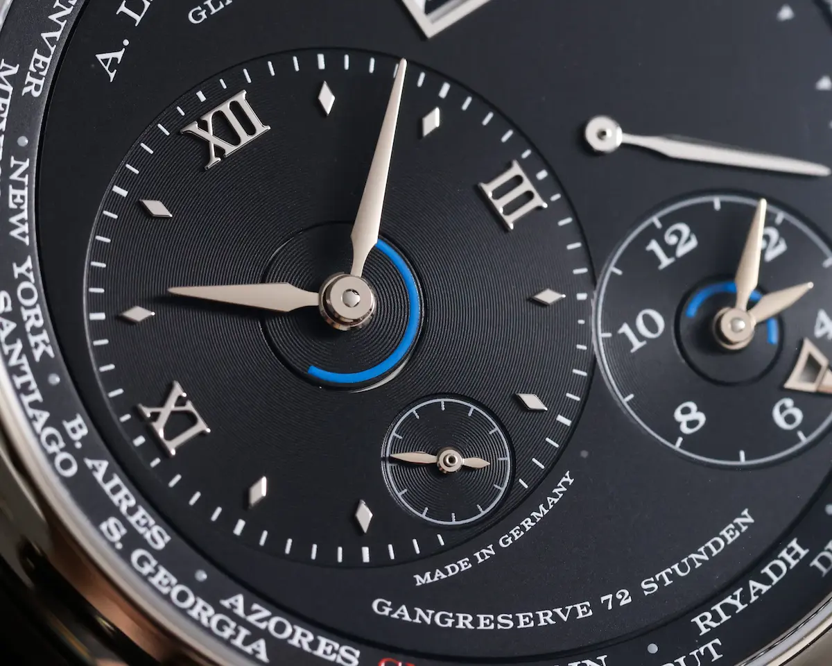 Detailed look at the dual-time subdial and blue accents on the Lange 1 Time Zone 136.029
