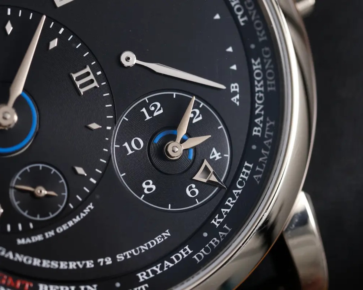 Close-up of A. Lange & Söhne Lange 1 Time Zone black dial and dual-time subdials (2)