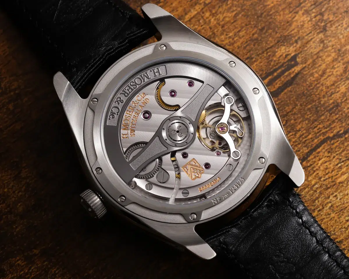 Display caseback of H. Moser & Cie. Pioneer Centre Seconds Cosmic Green showing HMC 201 movement