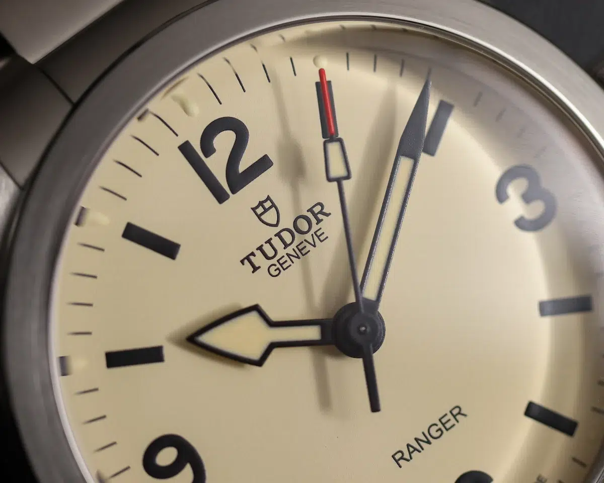 Macro close-up of Tudor Ranger Dune White dial and arrow hour hand