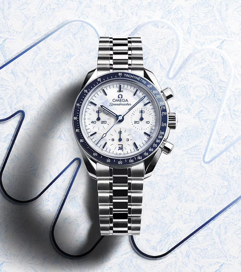 OMEGA Speedmaster Milano Cortina 2026 front view – blue bezel and white dial