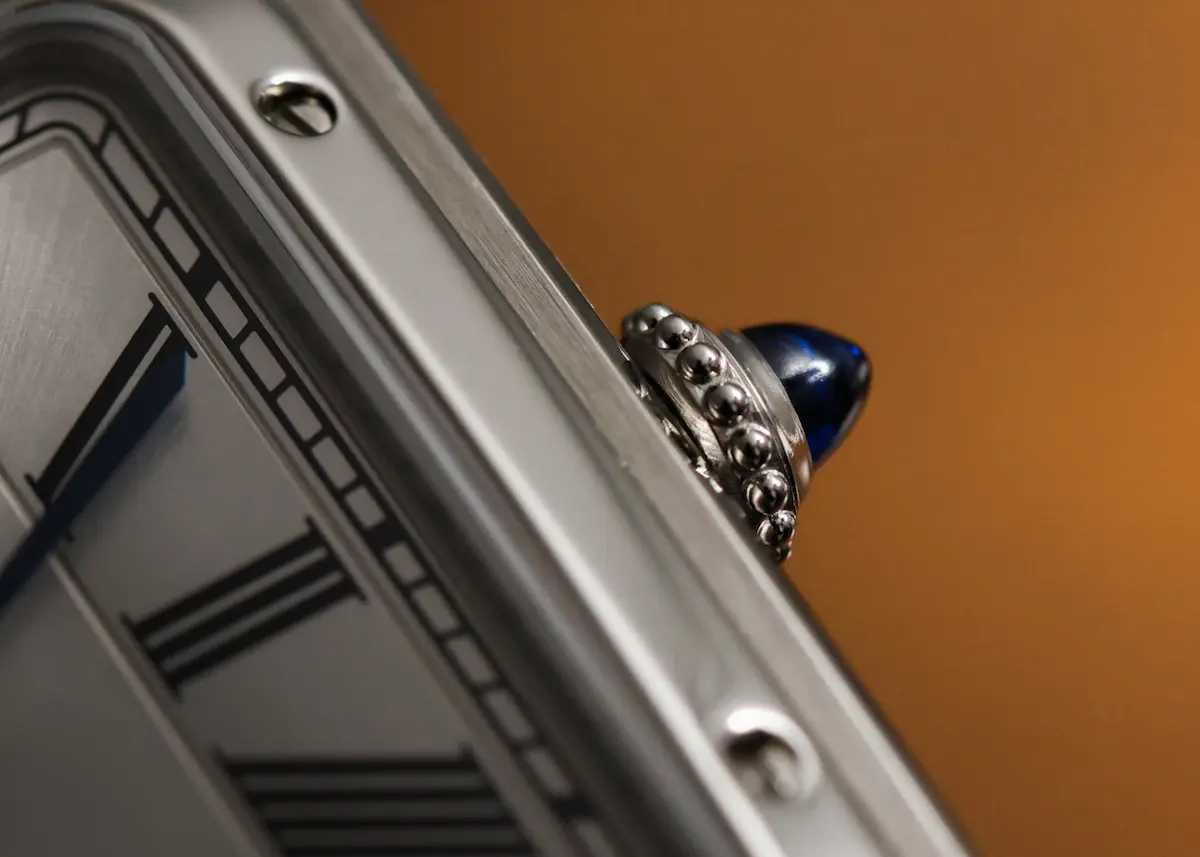 Cartier Santos-Dumont CRWSSA0032 crown with blue cabochon close-up