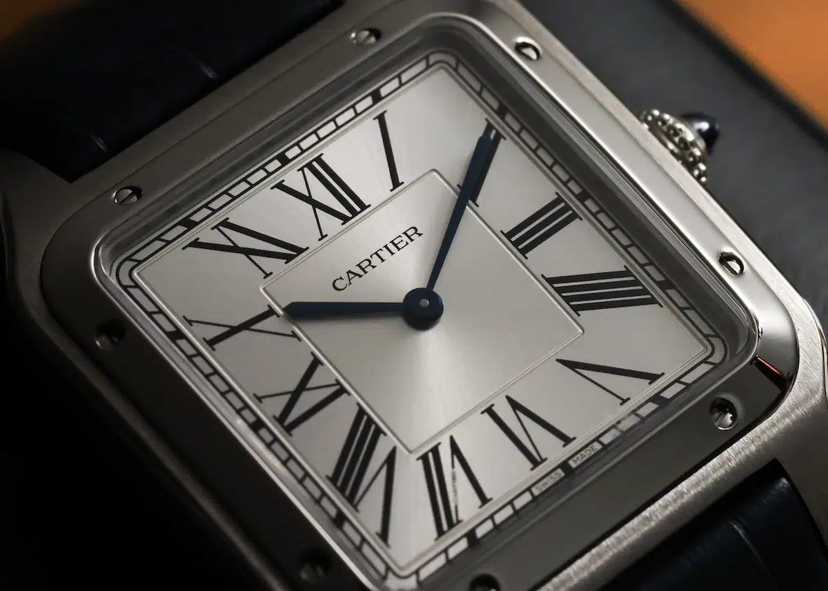 close-up of the Cartier Santos-Dumont CRWSSA0032 silver dial and Roman numerals