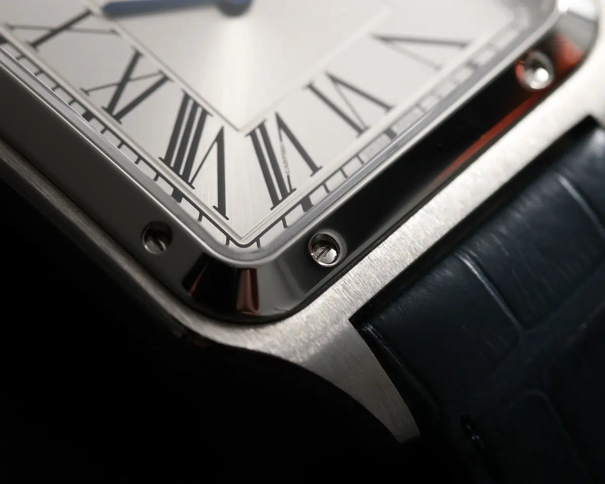 Cartier Santos-Dumont CRWSSA0032 dial and polished case on blue leather strap