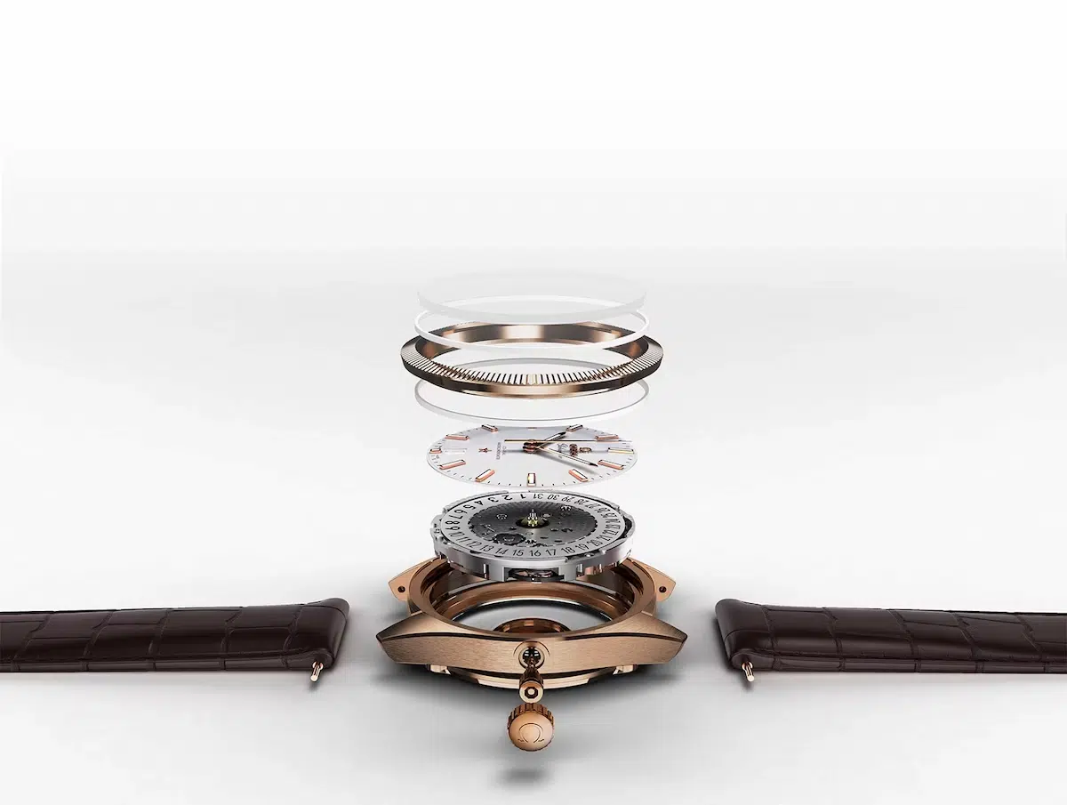 omega watch disassembled parts floating