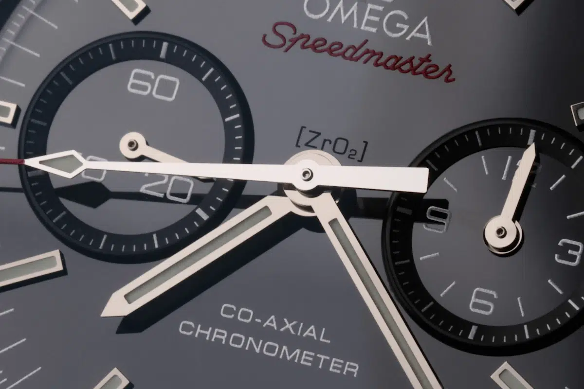 Chronograph subdials on Omega Speedmaster Dark Side of the Moon ceramic watch