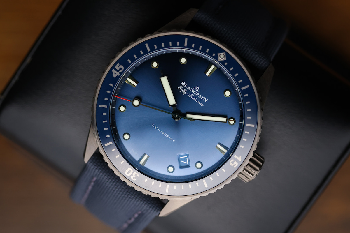 Close-up of Blancpain Bathyscaphe 43MM Ceramic blue dial and bezel
