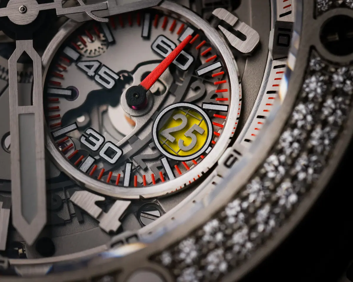 Close-up of Hublot Big Bang Ferrari chronograph subdial with yellow and red Ferrari-inspired accents