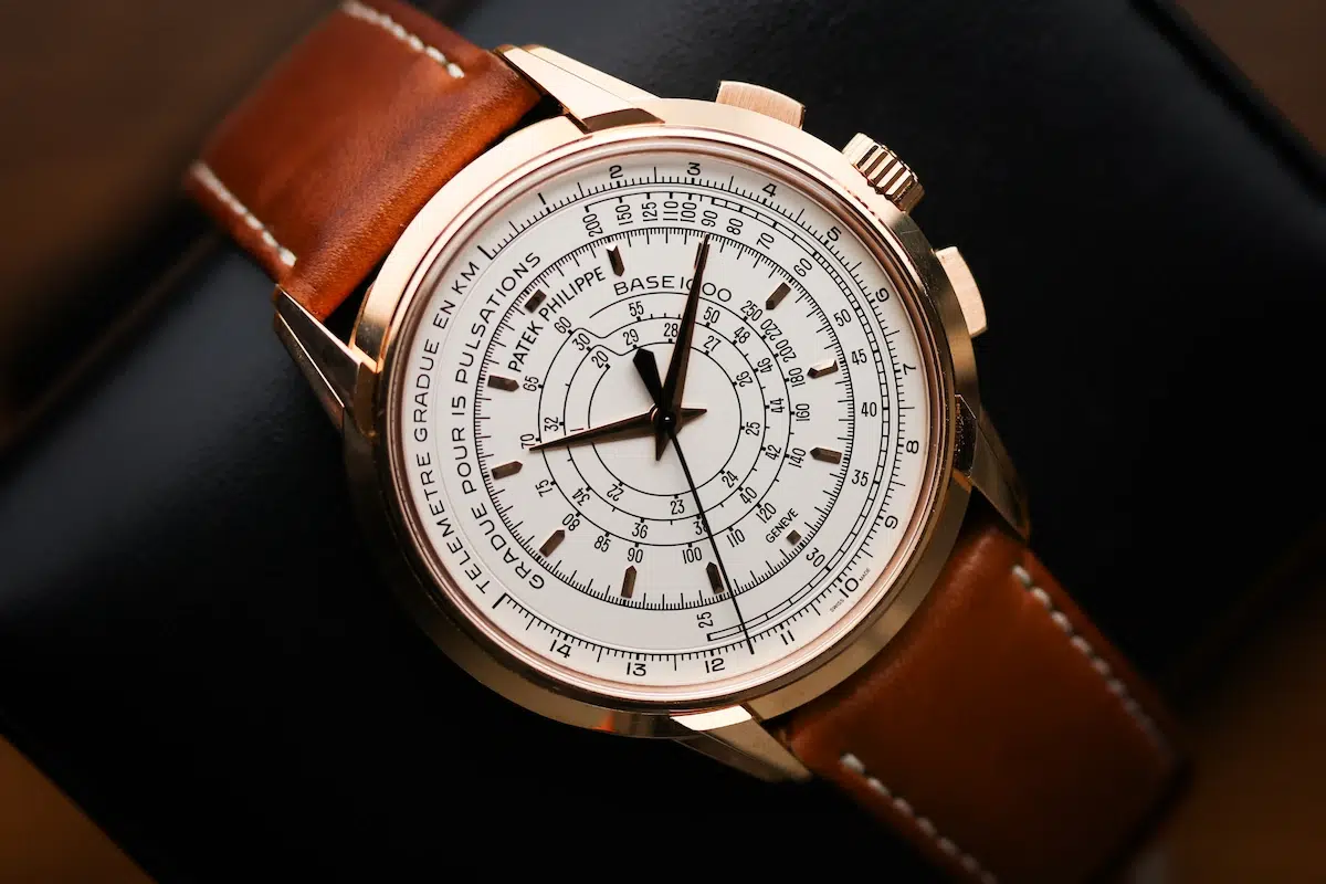 Close-up of Patek Philippe 5975R-001 cream multi-scale dial with rose-gold case