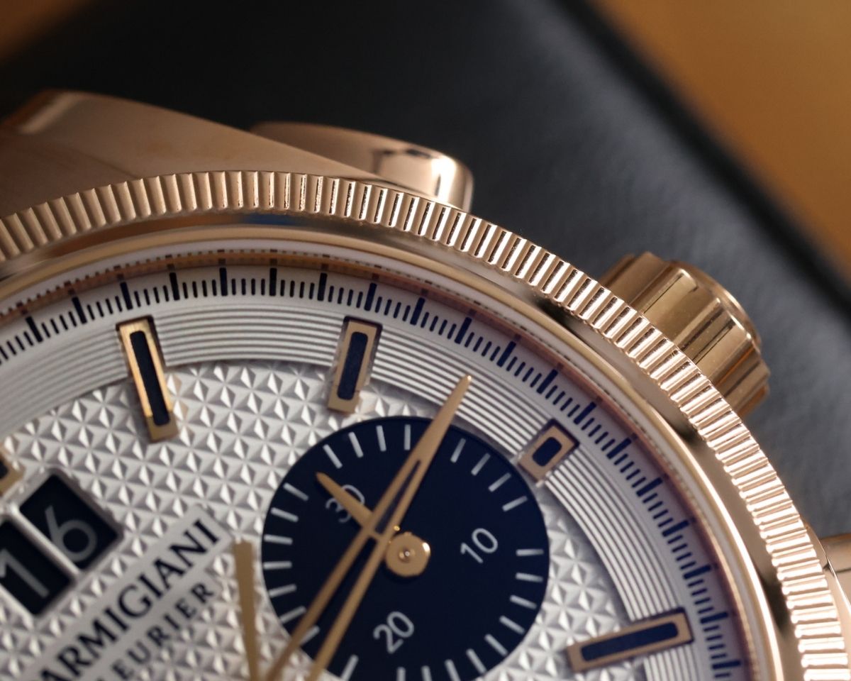 Close-up of Tondagraph GT fluted bezel and guilloché dial pattern in 18K rose gold
