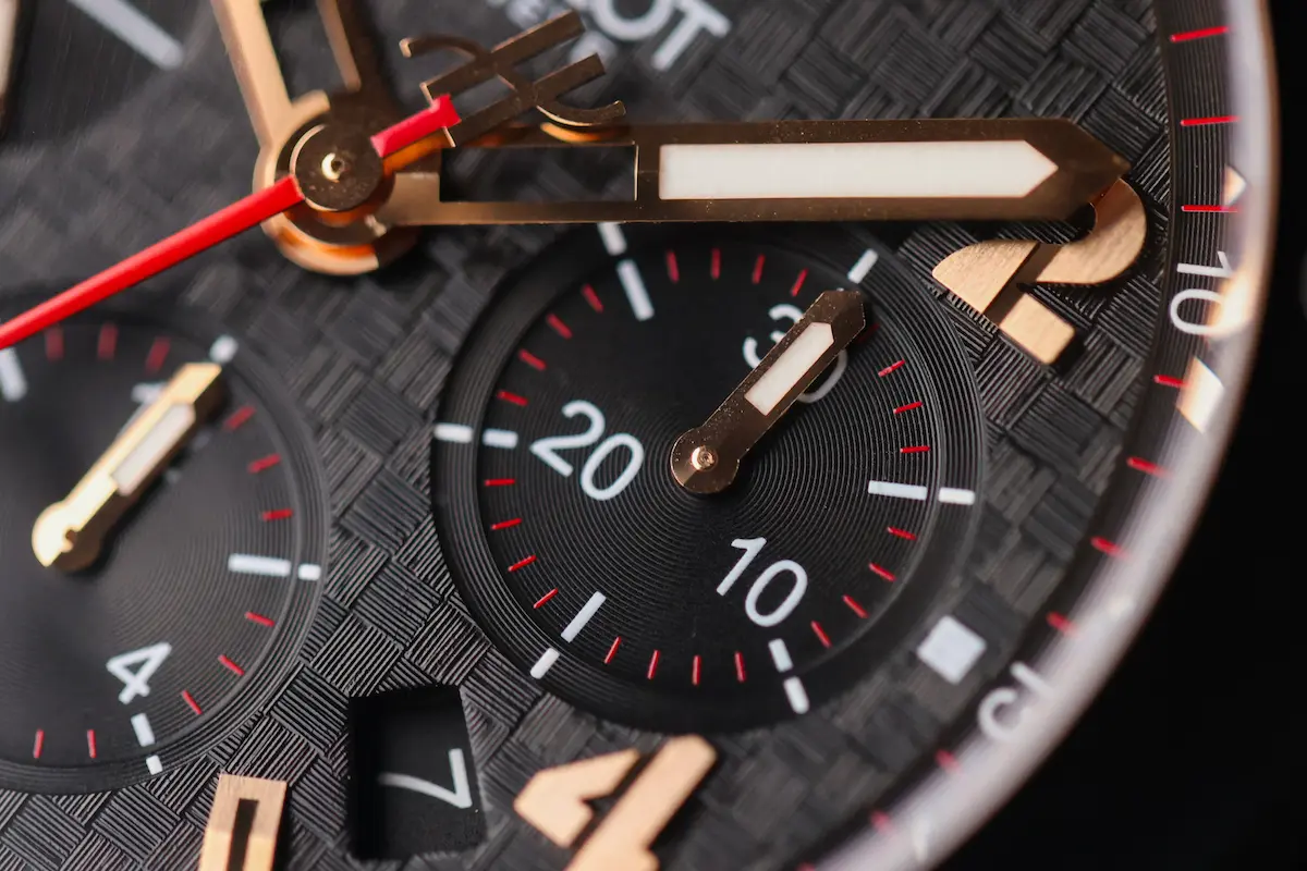 Close-up of the chronograph subdials and seconds hand on the Hublot Big Bang Chronograph black dial
