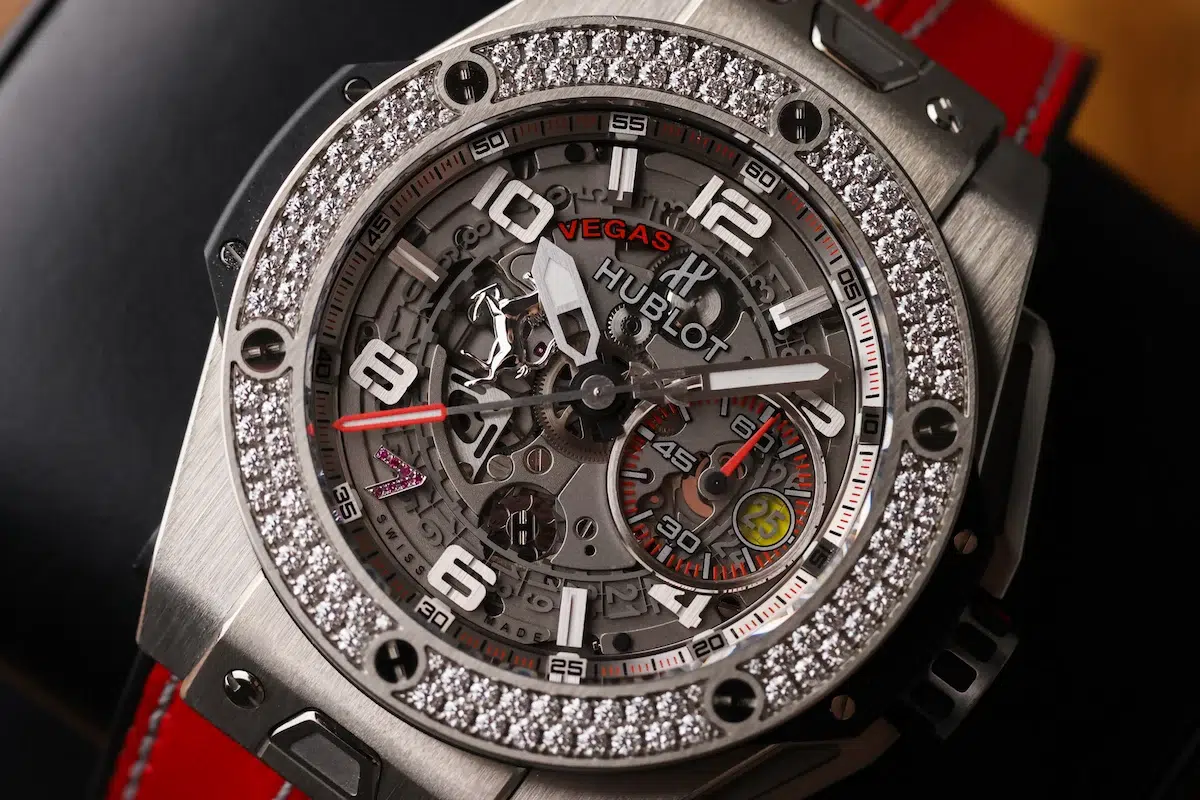 Detailed view of the Hublot Big Bang Ferrari Las Vegas diamond-set bezel and skeleton dial