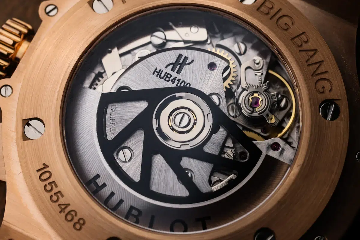 Exhibition caseback of the Hublot Big Bang Chronograph revealing the automatic movement and rose gold caseback ring