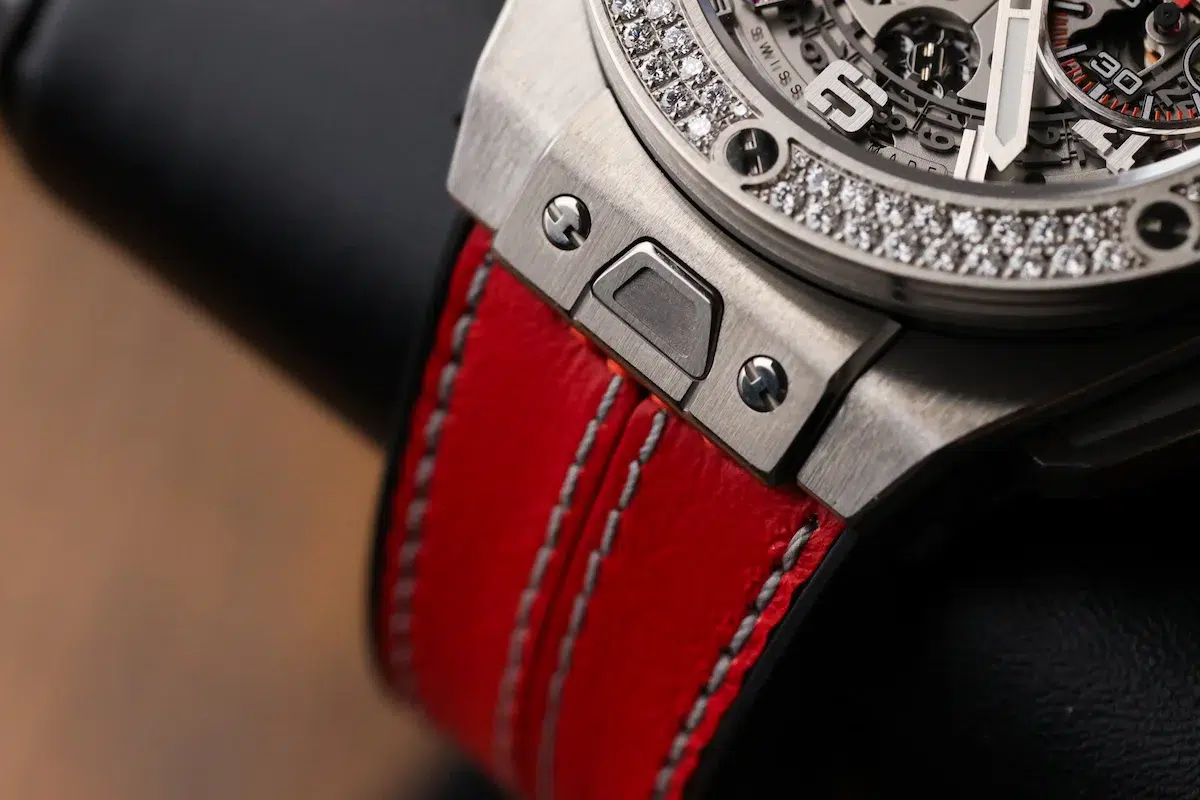 Hublot Big Bang Ferrari Las Vegas case and lugs with red strap detail