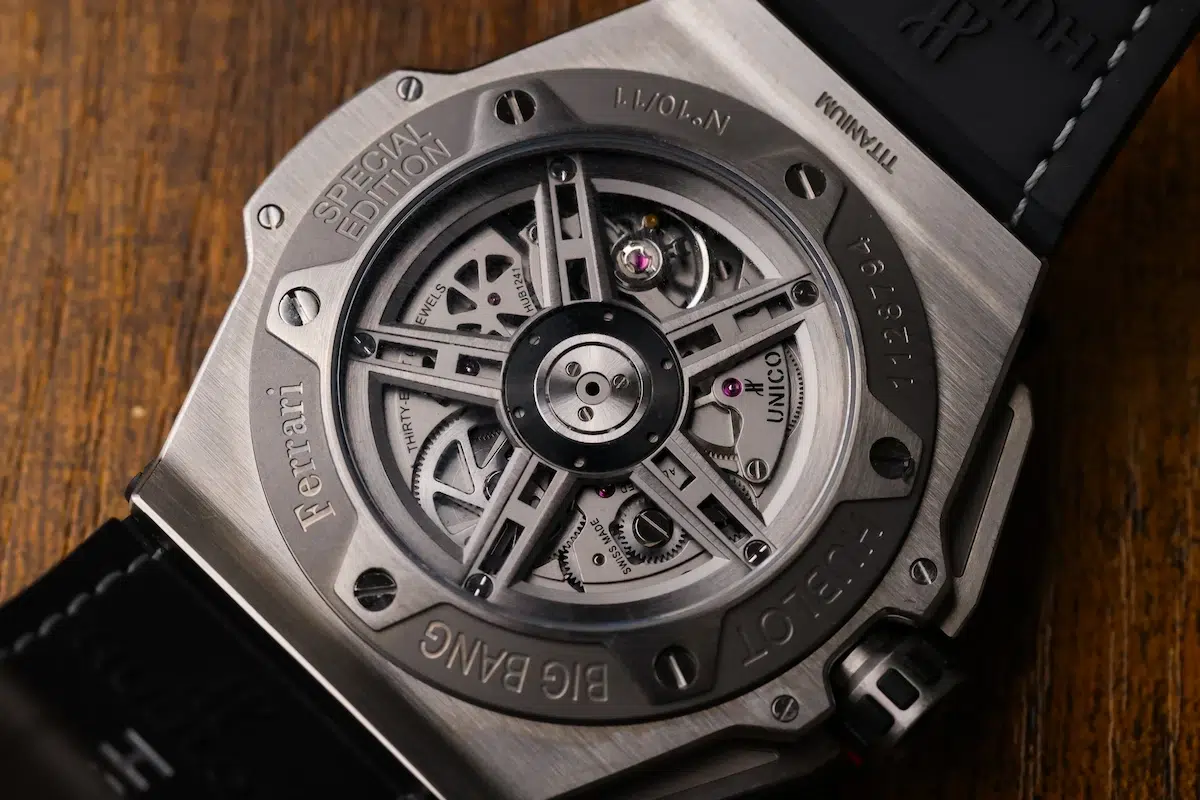 Hublot Big Bang Ferrari Las Vegas exhibition caseback showing skeletonized rotor