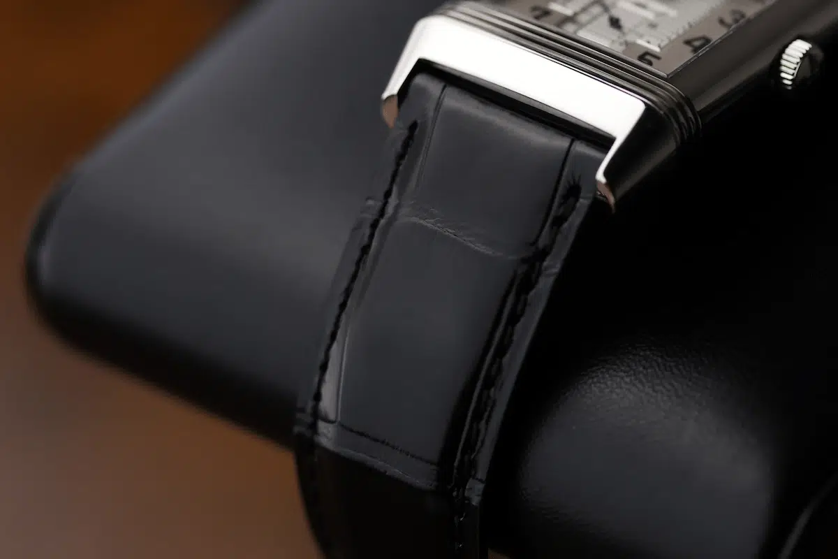 Jaeger-LeCoultre Reverso 273.8.04 on black leather presentation stand