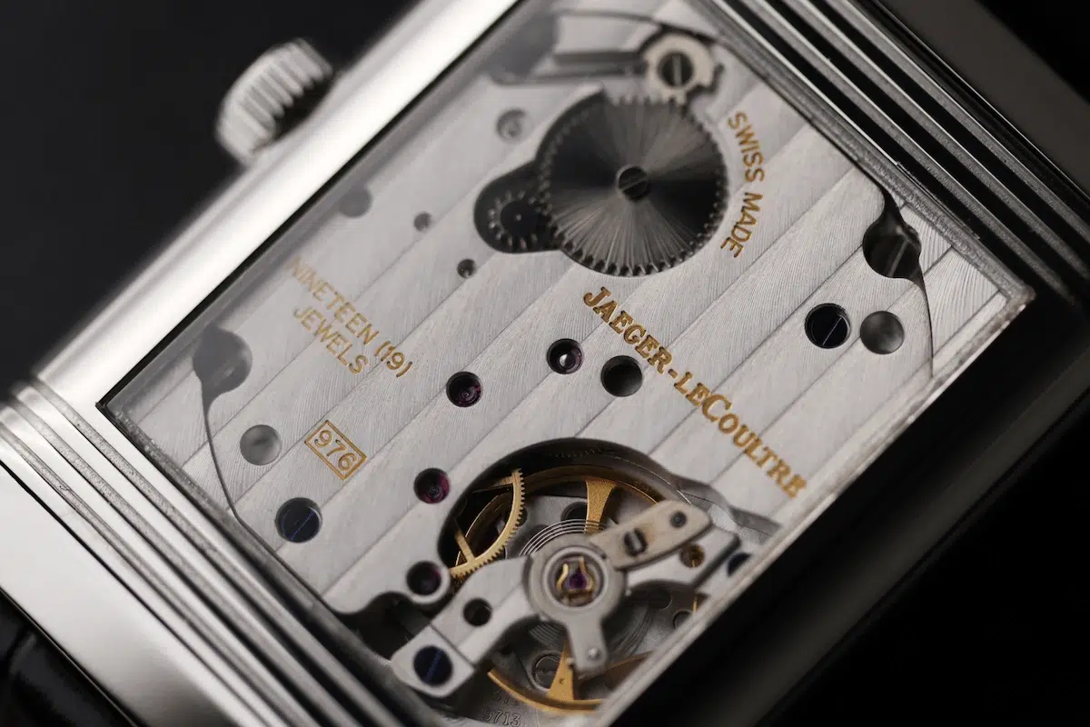 Macro shot of Jaeger-LeCoultre Reverso dial and rectangular case grooves