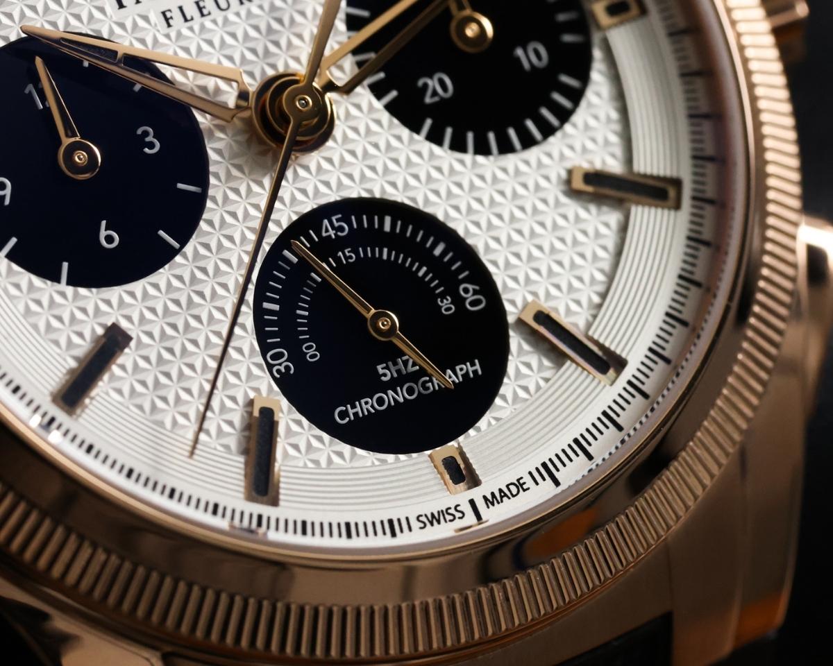 Macro shot of Parmigiani Fleurier Tondagraph GT rose-gold case and chronograph subdials