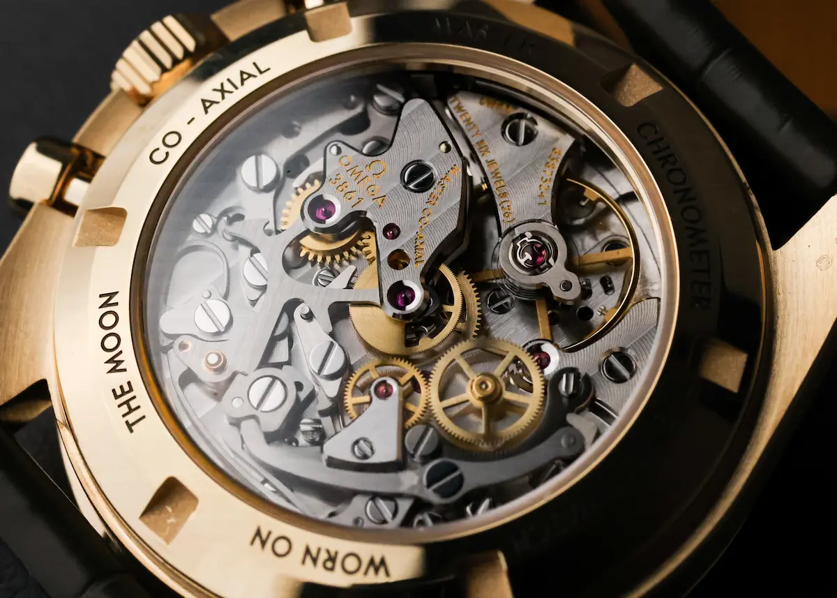 Omega Calibre 3861 Master Chronometer movement through sapphire caseback