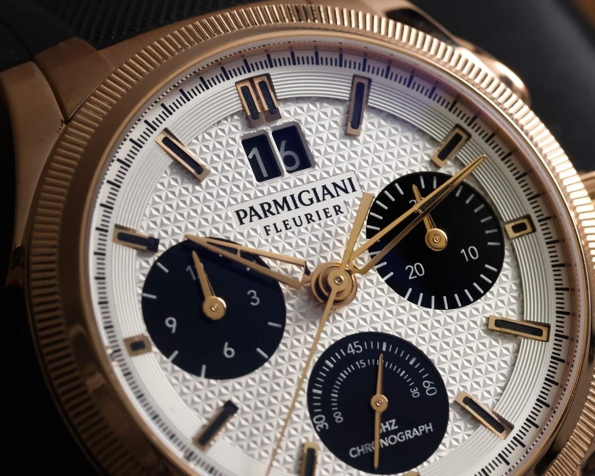 Parmigiani Tondagraph GT 42mm Rose Gold close-up of dial with guilloché texture and chronograph layout