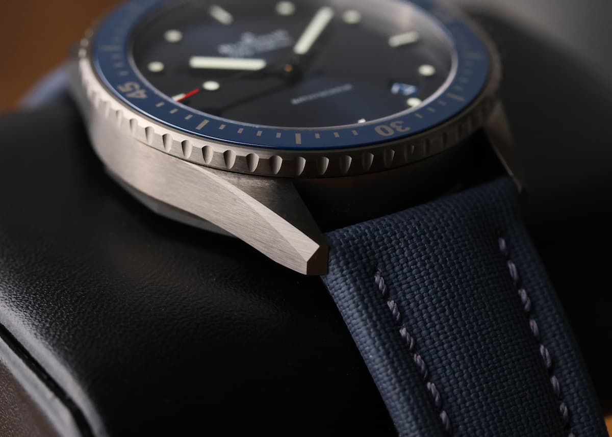 Side profile of Blancpain Fifty Fathoms Bathyscaphe ceramic case and lugs
