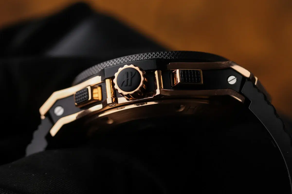 Side profile of the Hublot Big Bang Chronograph showing the rose gold case, crown, and chronograph pushers