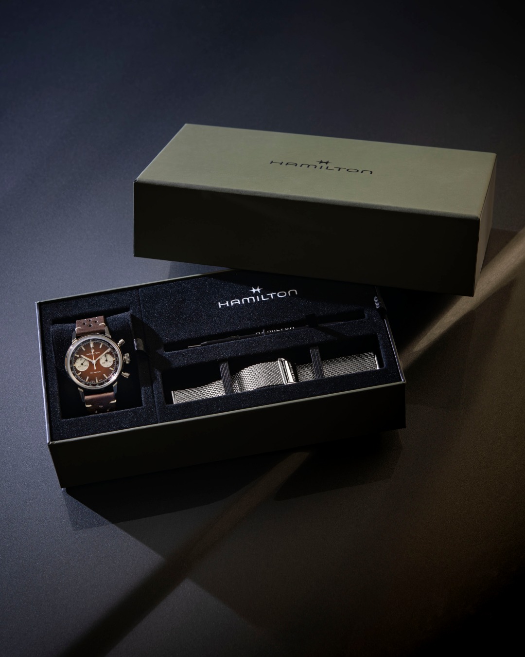 American Classic Intra-matic Chronograph H brown dial aesthetic shot of box