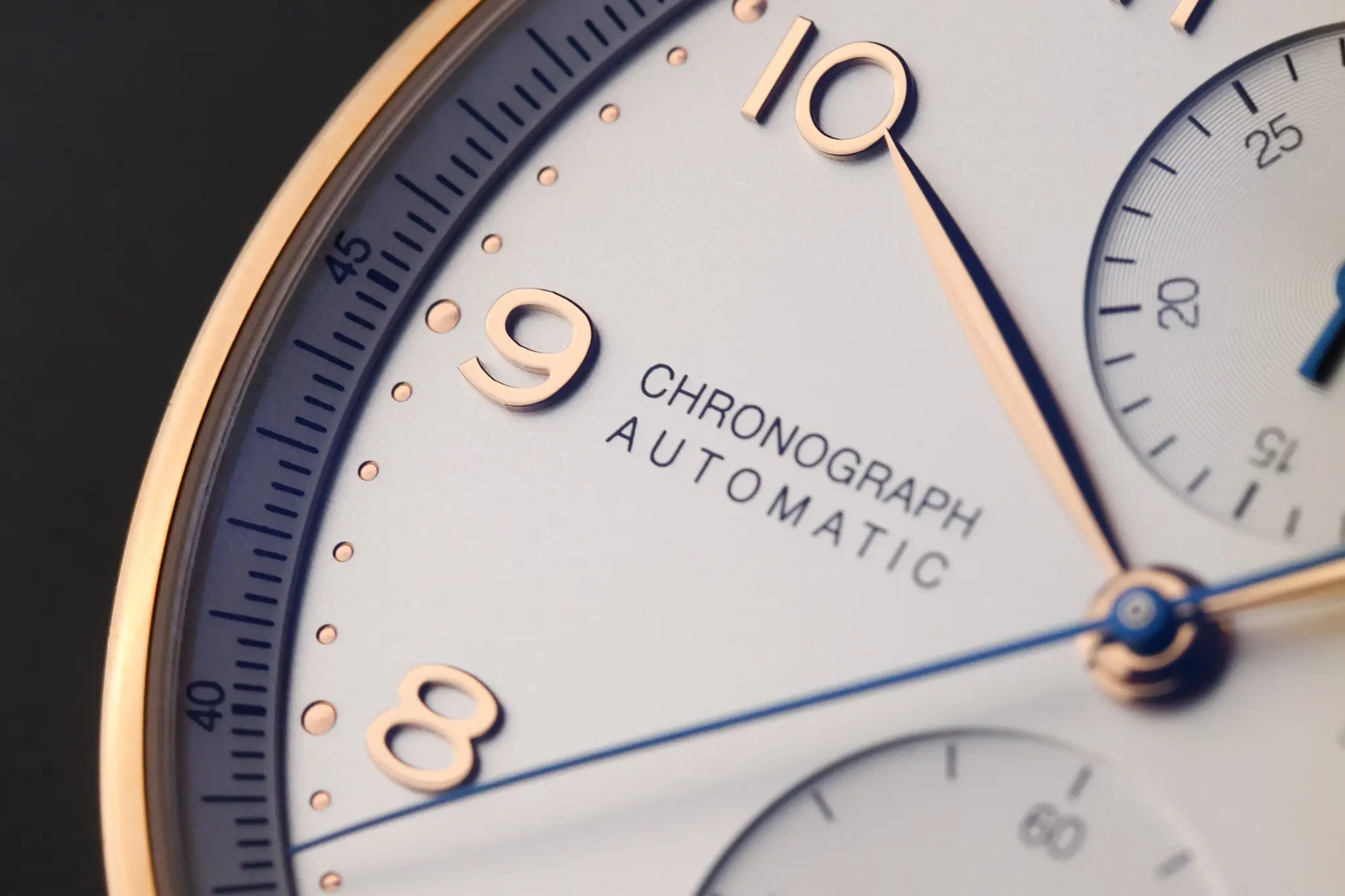 Chronograph automatic text and minute track on IWC Portugieser white dial
