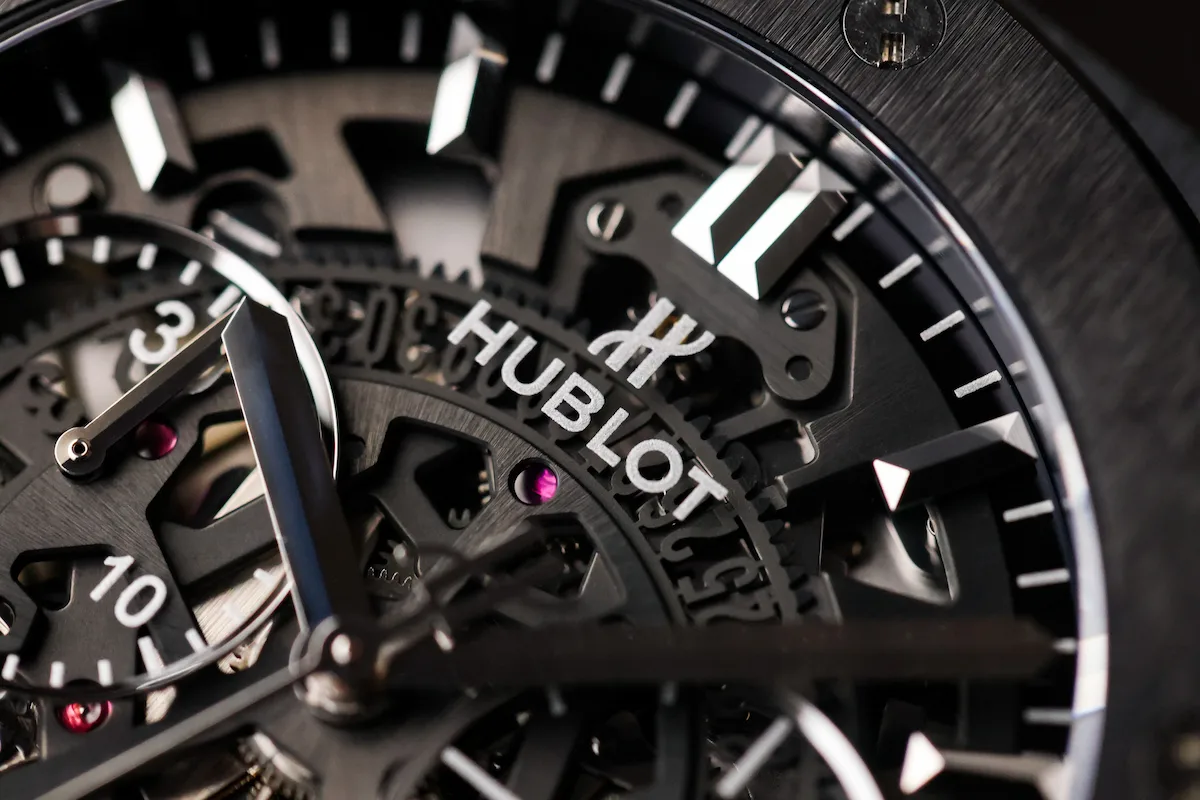 Close-up of skeletonized dial on Hublot Classic Fusion Aerofusion Ceramic