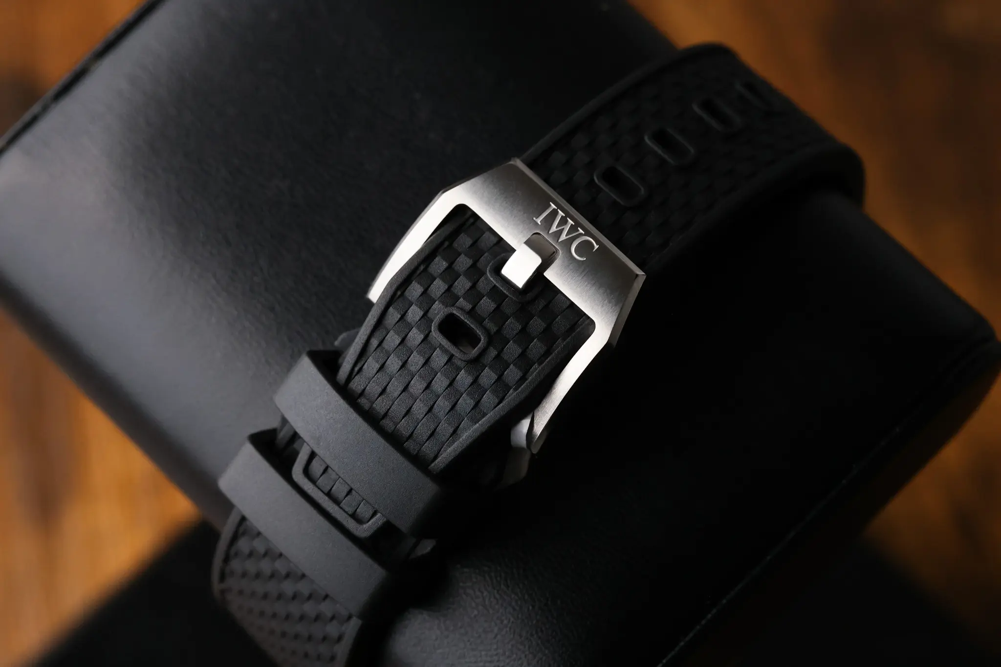 Close-up of the IWC Aquatimer rubber strap buckle and fastening system