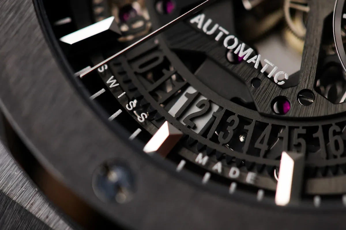 Date window and automatic chronograph detail on Hublot Aerofusion Ceramic Skeleton