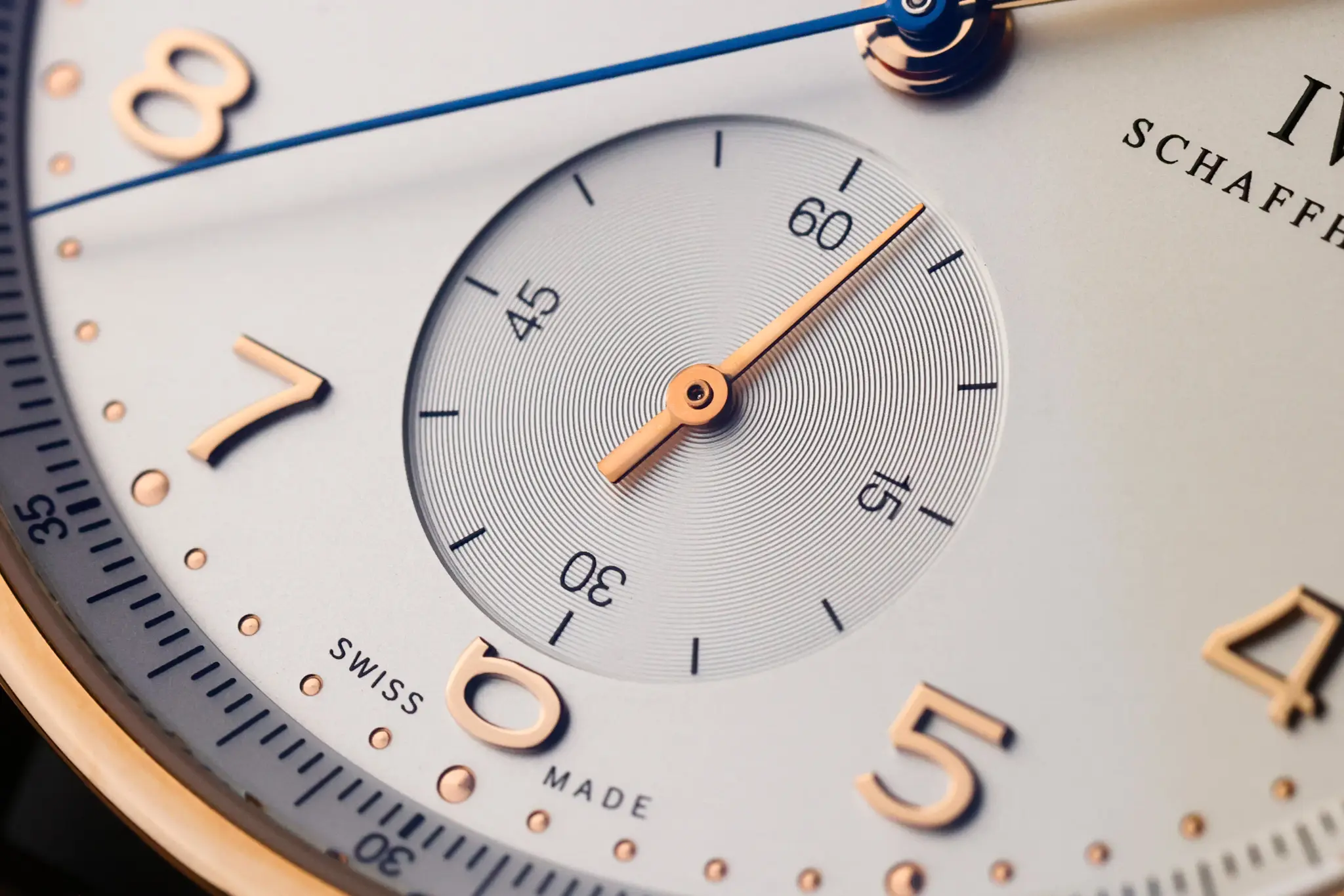 Detail view of Arabic numerals and chronograph subdial on IWC Portugieser IW371480