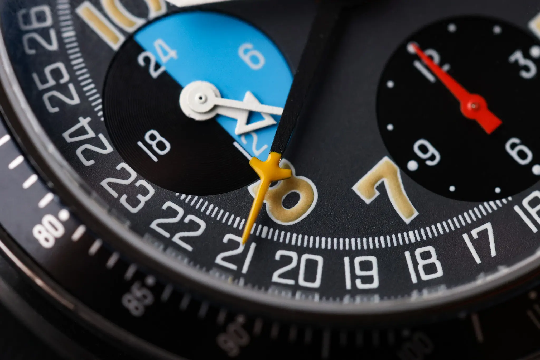 Detailed view of the Omega Speedmaster Day Date calendar and 24-hour subdial