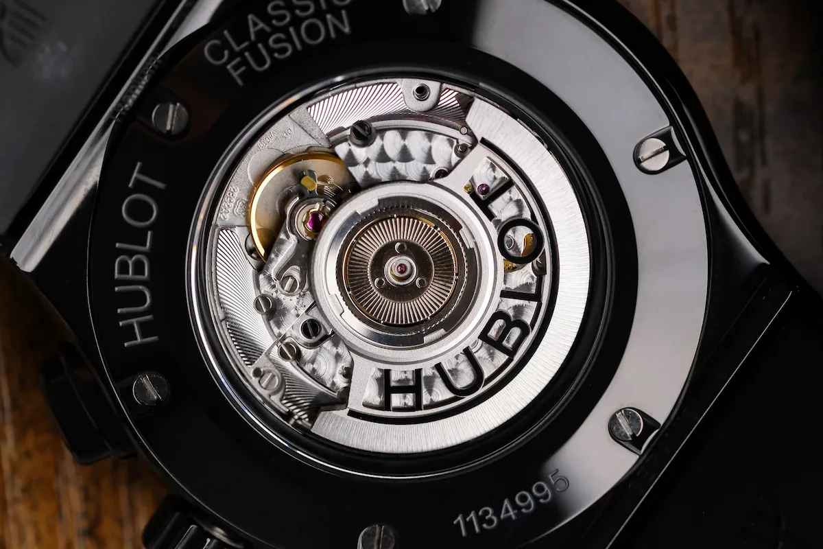 Exhibition caseback showing HUB1155 automatic chronograph movement