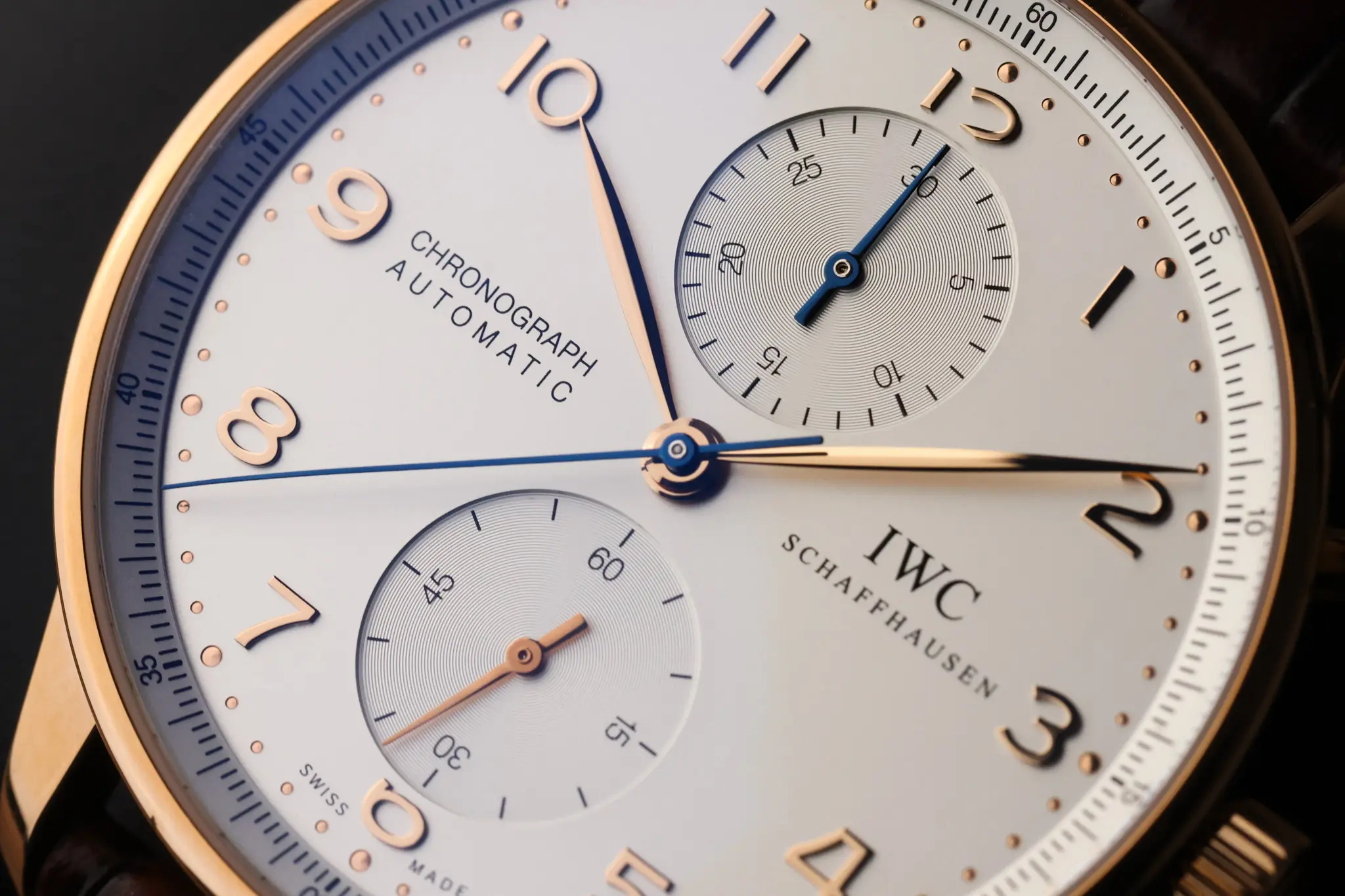 Full dial view of IWC Portugieser Chronograph IW371480 with rose gold case