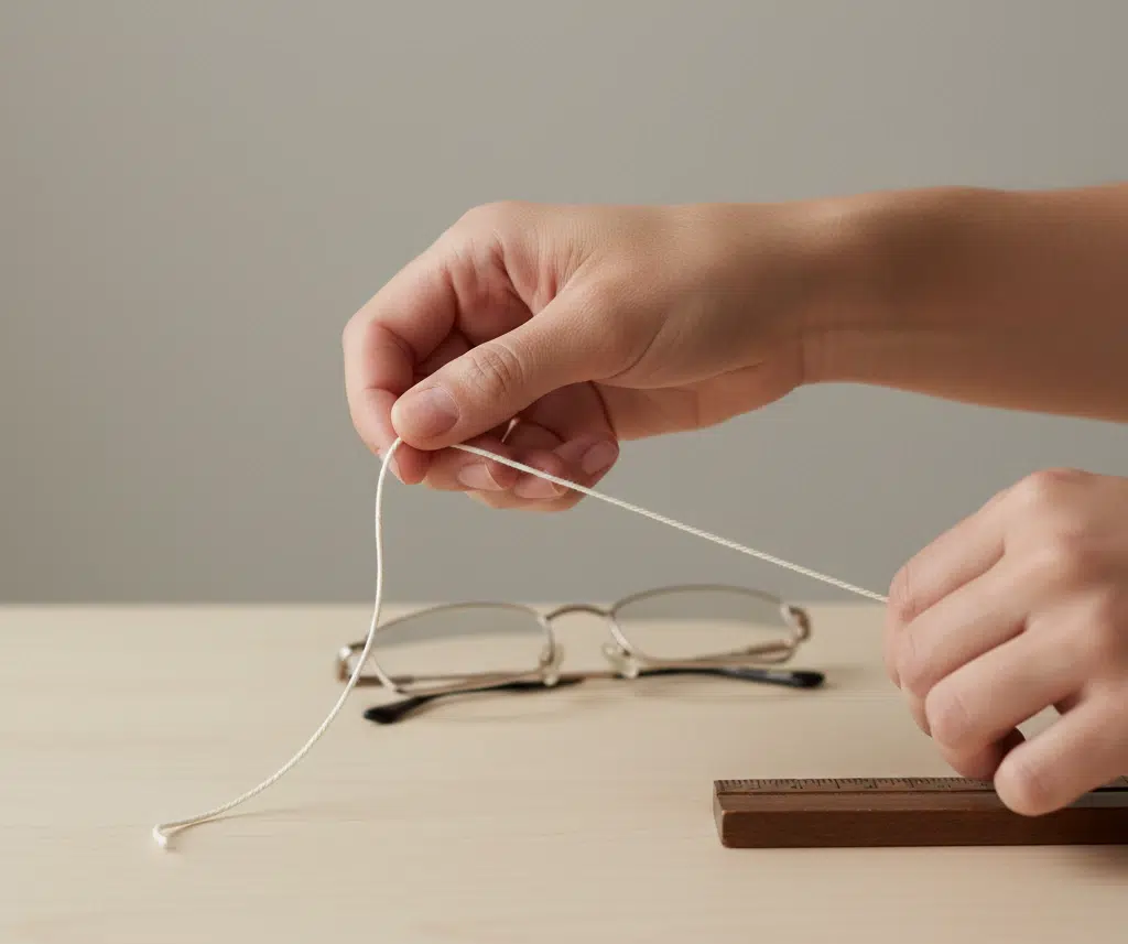 Wrist being measured with a piece of string, clean educational layout neutral lighting
