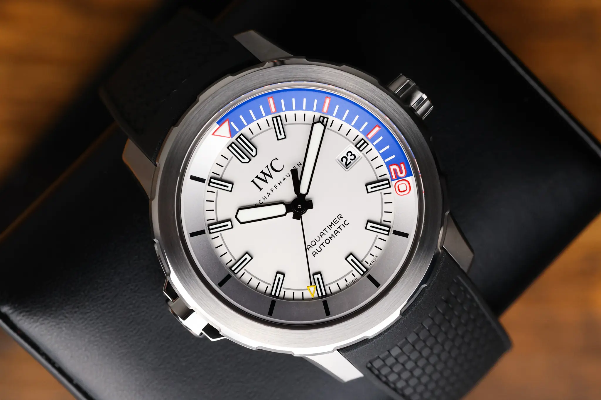 IWC Aquatimer ZSC Lions IW3290-07 showing the full dial and rubber strap on wrist cushion