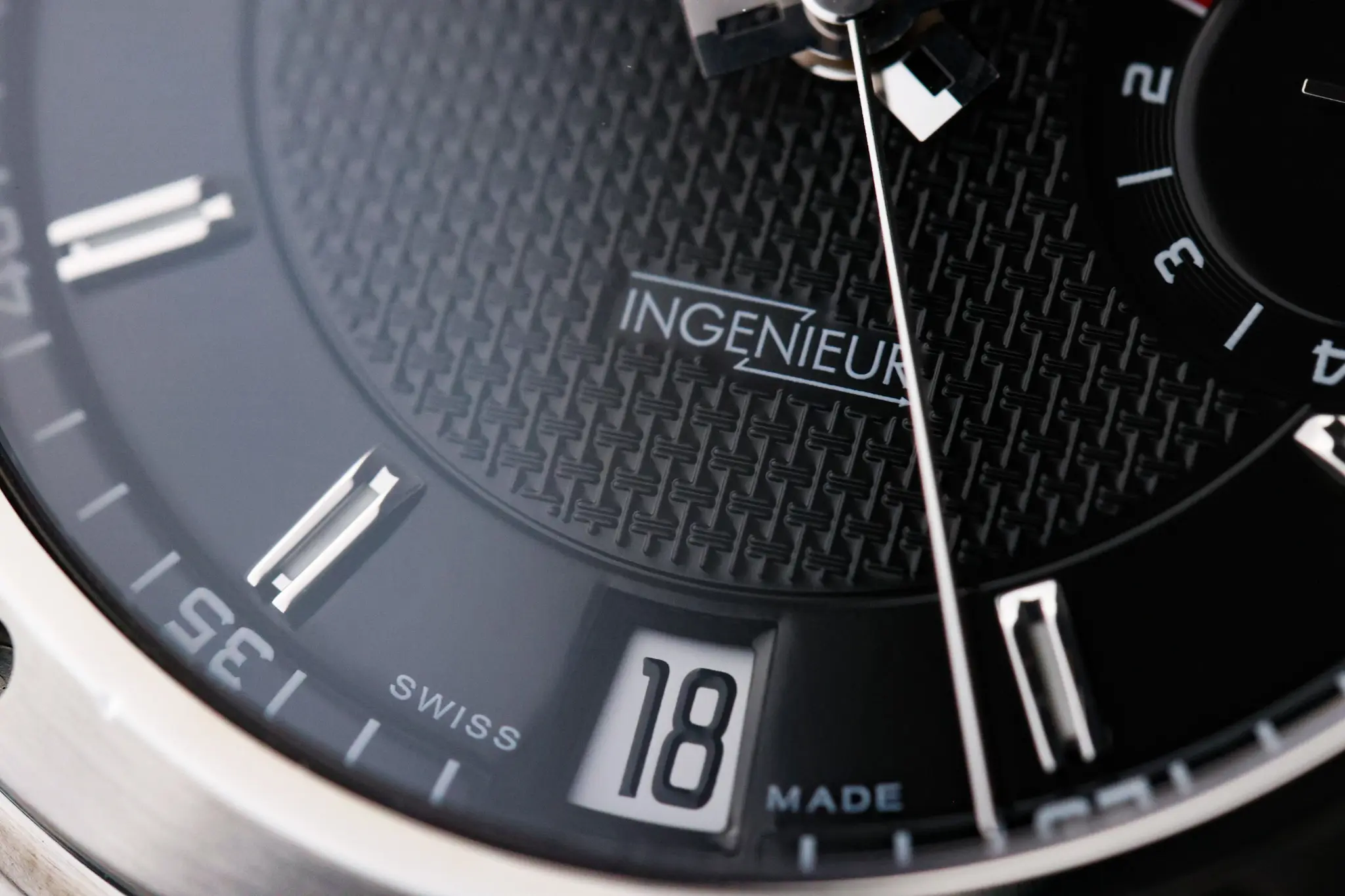 IWC Big Ingenieur IW500501 dial close-up highlighting date window and applied hour markers