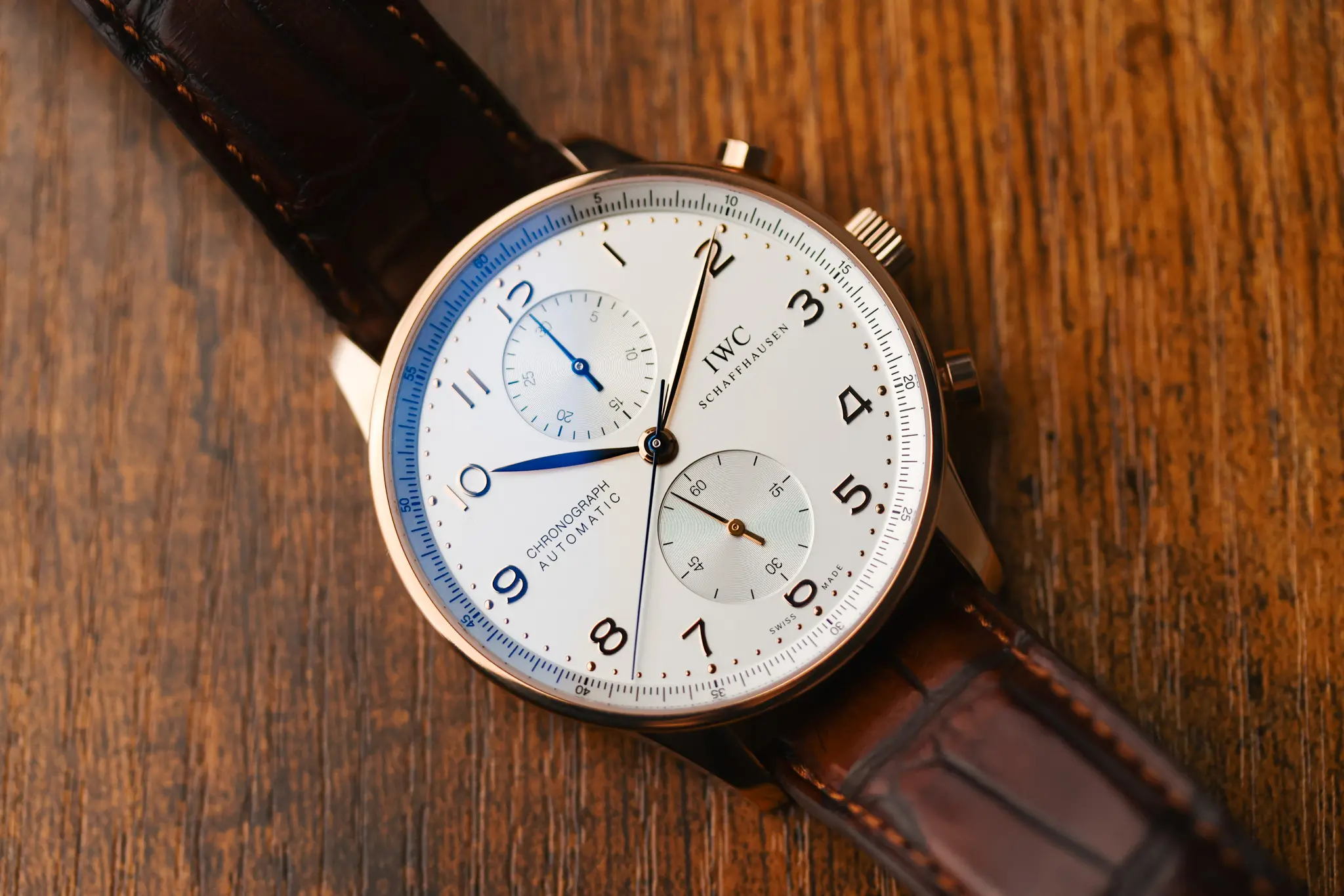 IWC Portugieser Chronograph IW371480 worn flat showing balanced dial layout