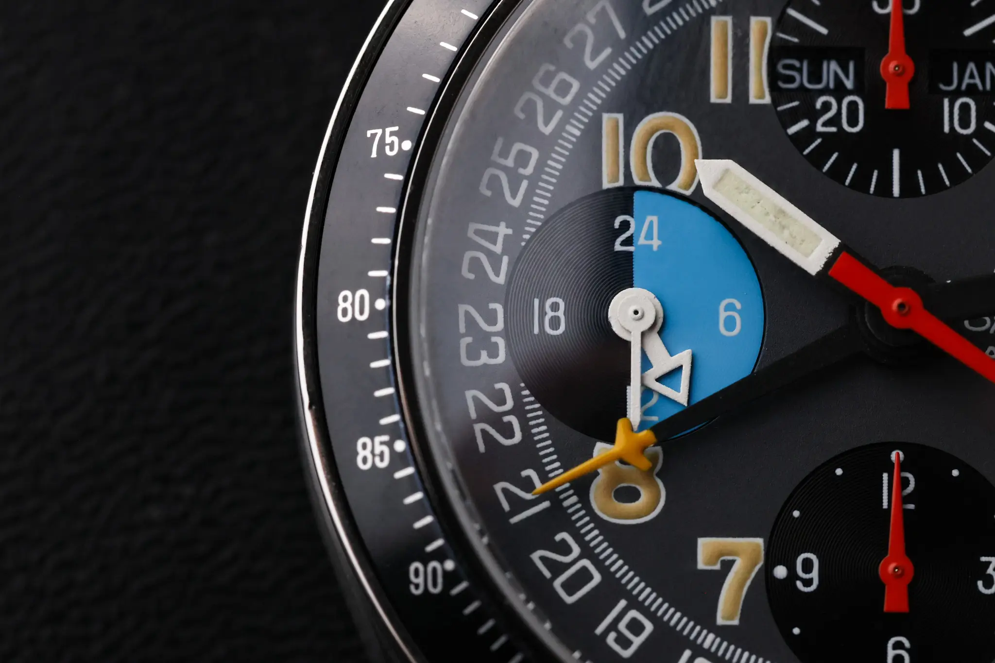 Macro view of the Omega Speedmaster Day Date subdials and colorful chronograph hands