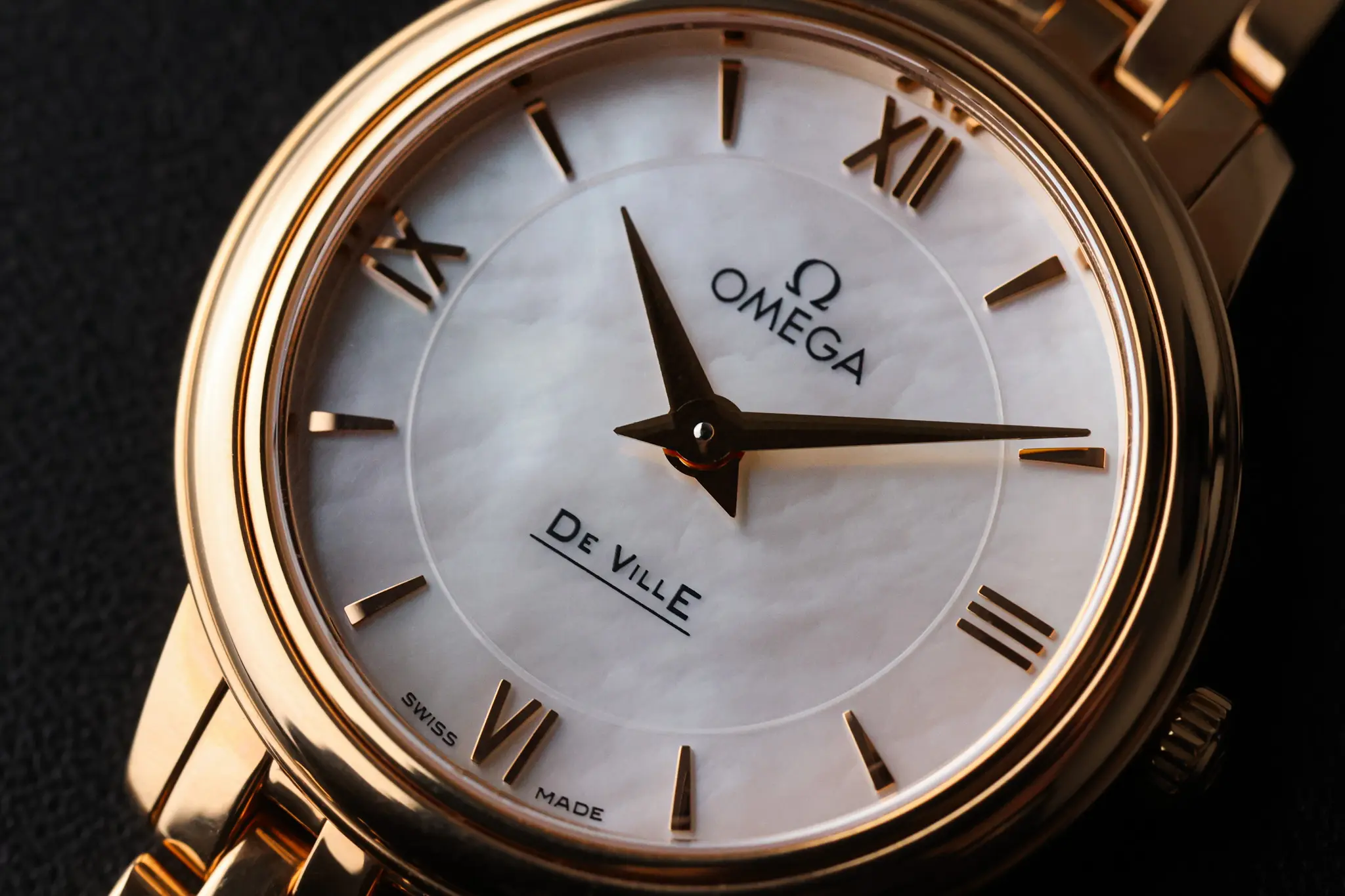 Omega De Ville Prestige mother-of-pearl dial with rose gold hands and Roman numerals