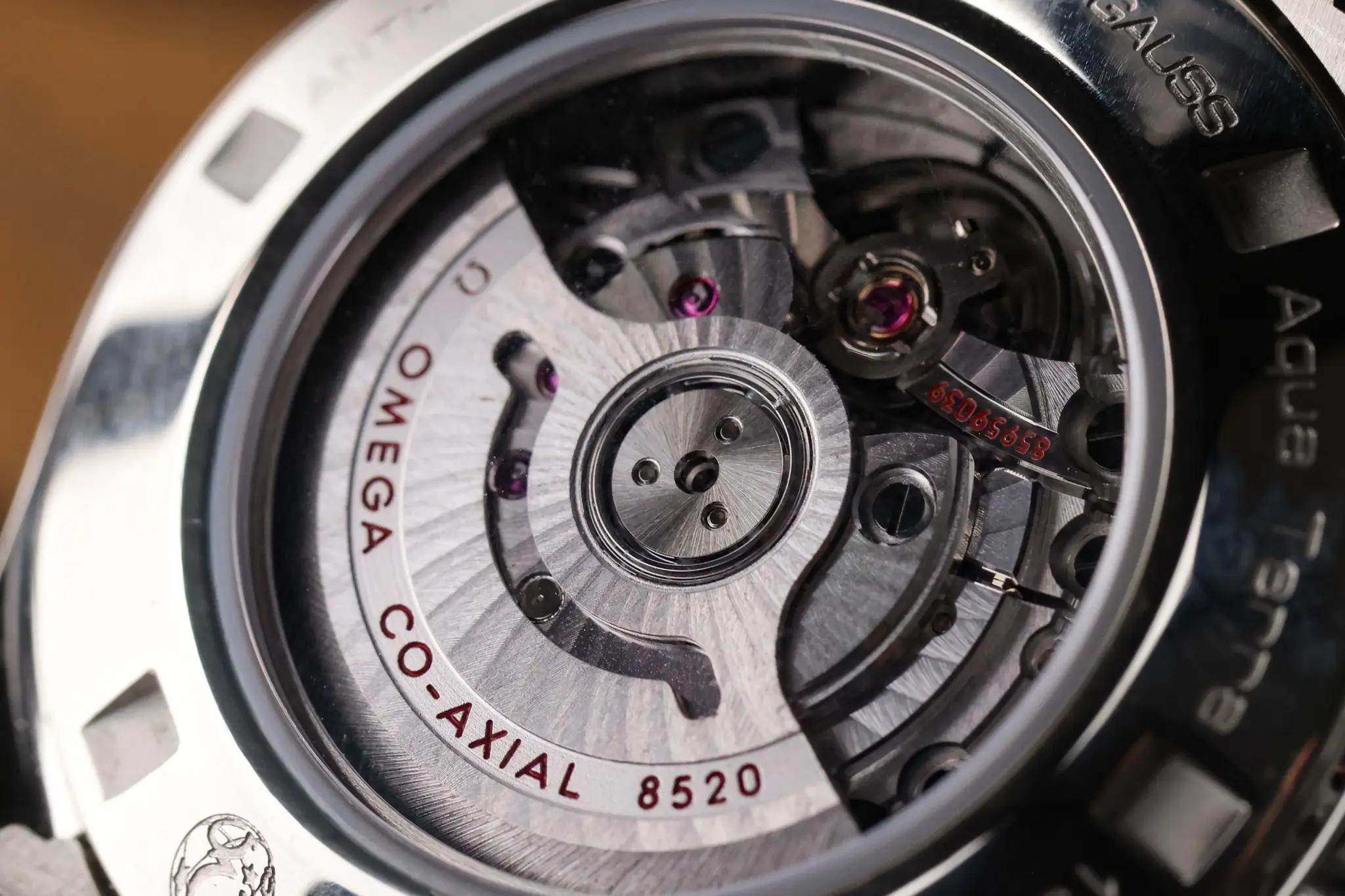 Omega Seamaster Aqua Terra 150M Caliber 8520 automatic movement visible through sapphire caseback